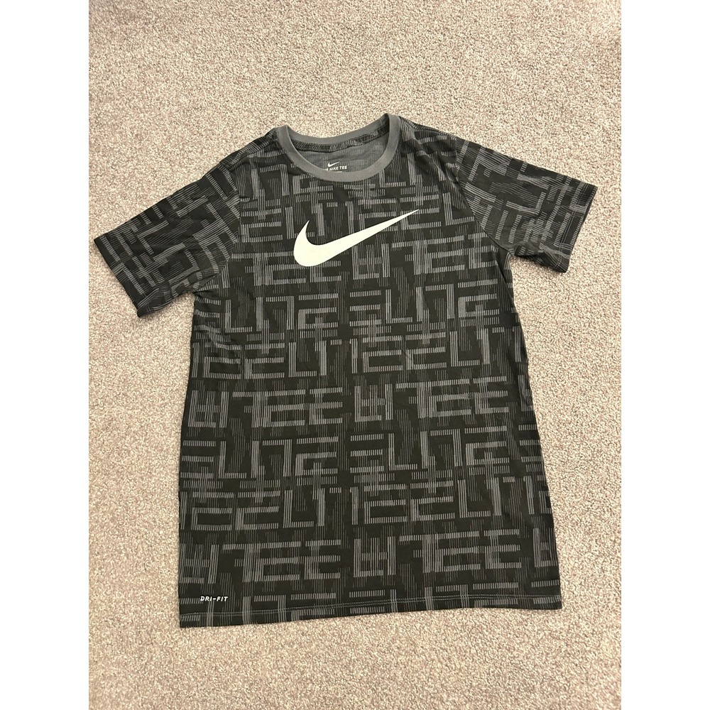 Nike Elite T-Shirt Boys XL Black Gray Dri-FIT Athletic Geometric Print Tee